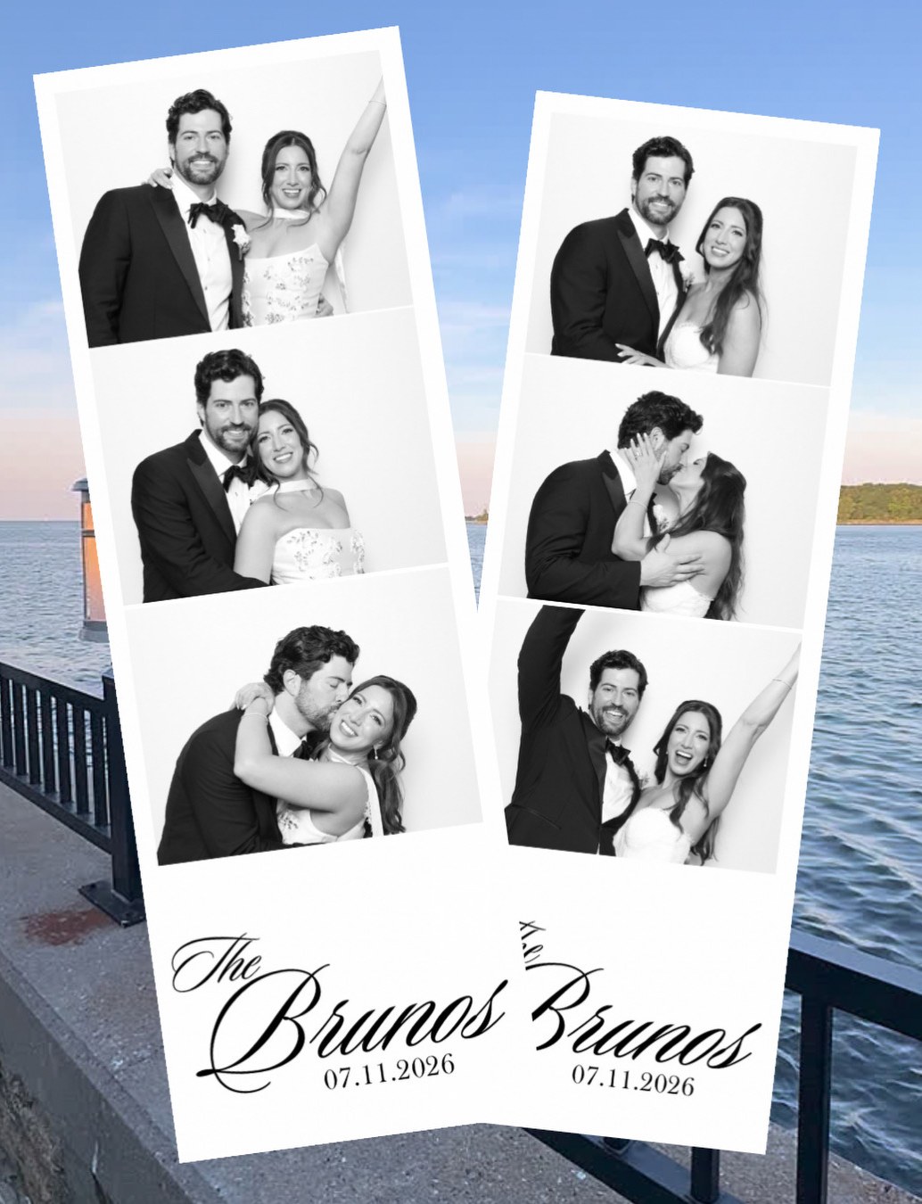 A pair of printed photo strips from a waterfront wedding